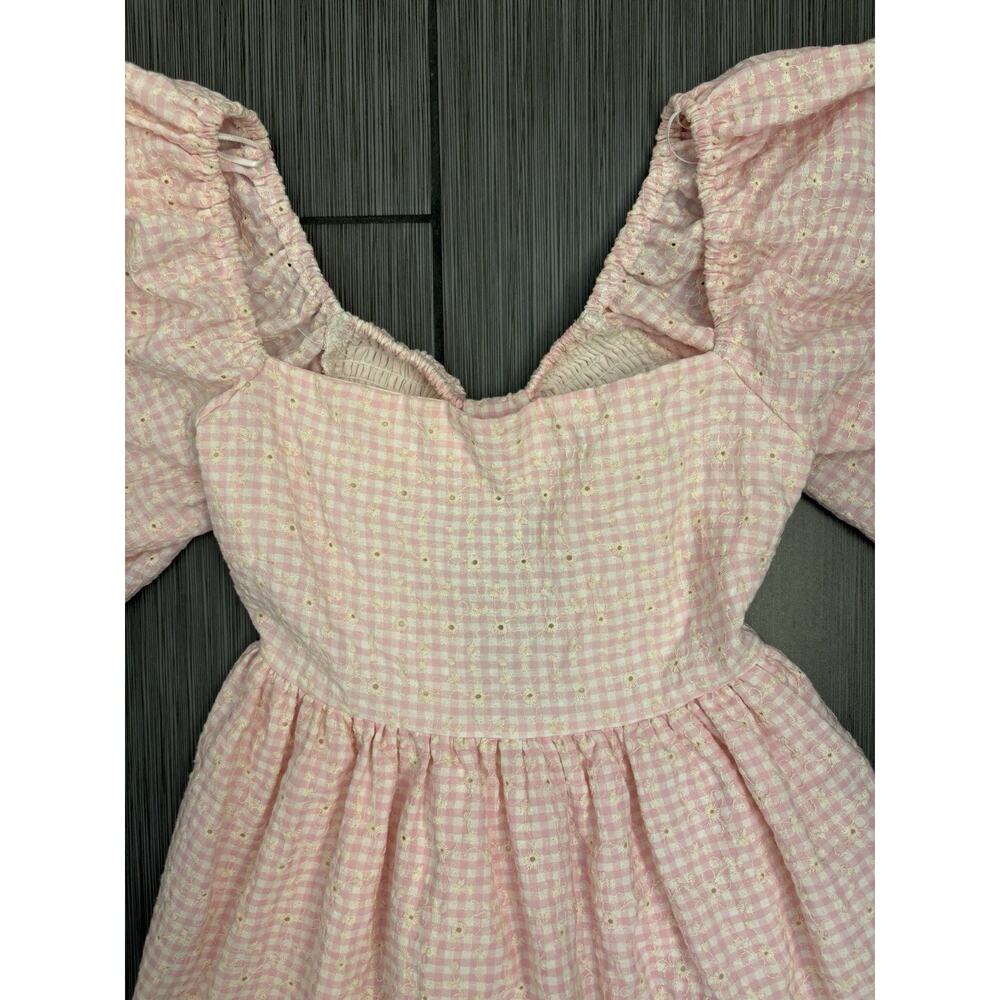 Mable Pink/White Gingham Short Puff Sleeve Tiered Dress Smocked Open Back Small - Picture 3 of 9